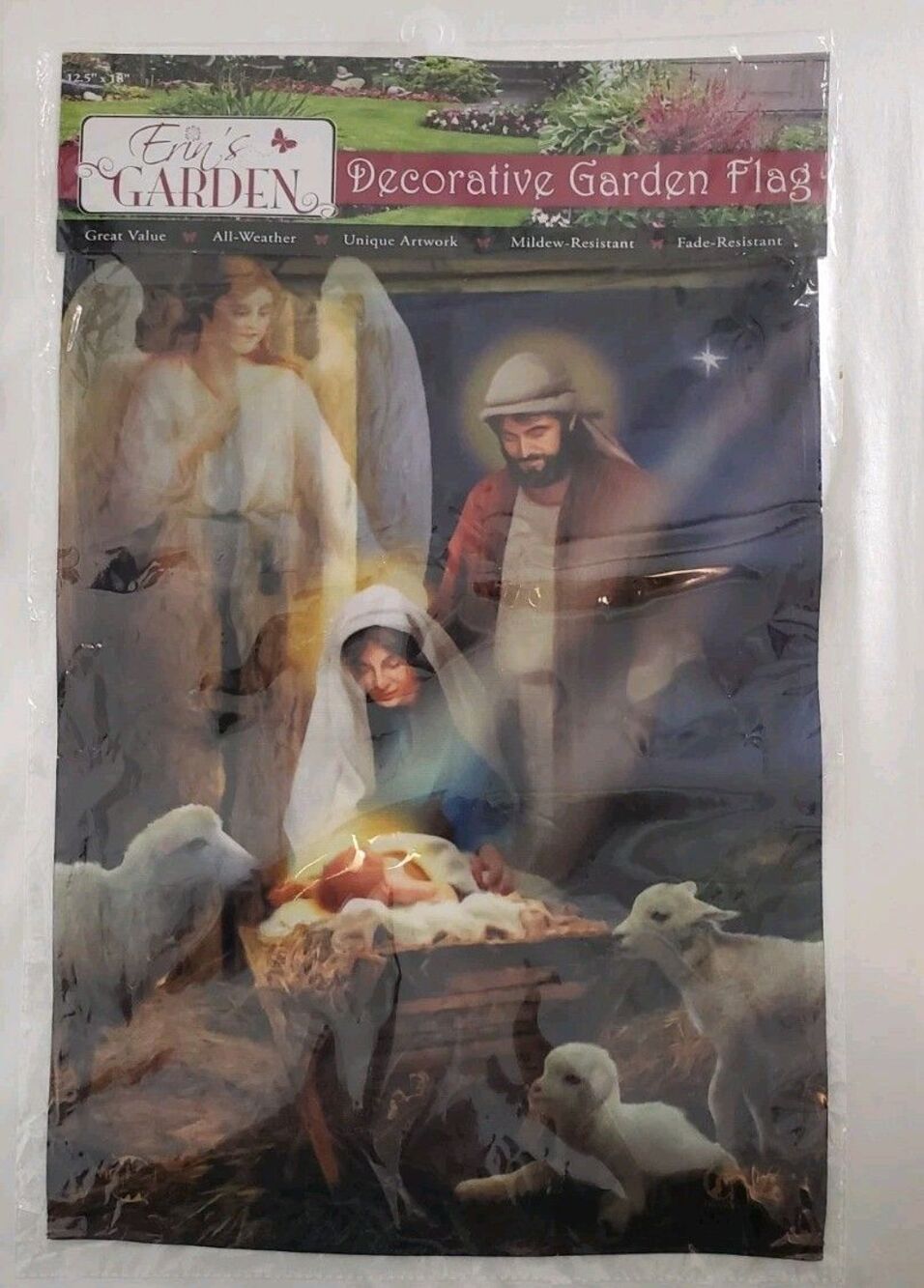 Erin's Garden Decorated  Winter Garden Flag  Jesus In The Baby Manger 12 x 18"..